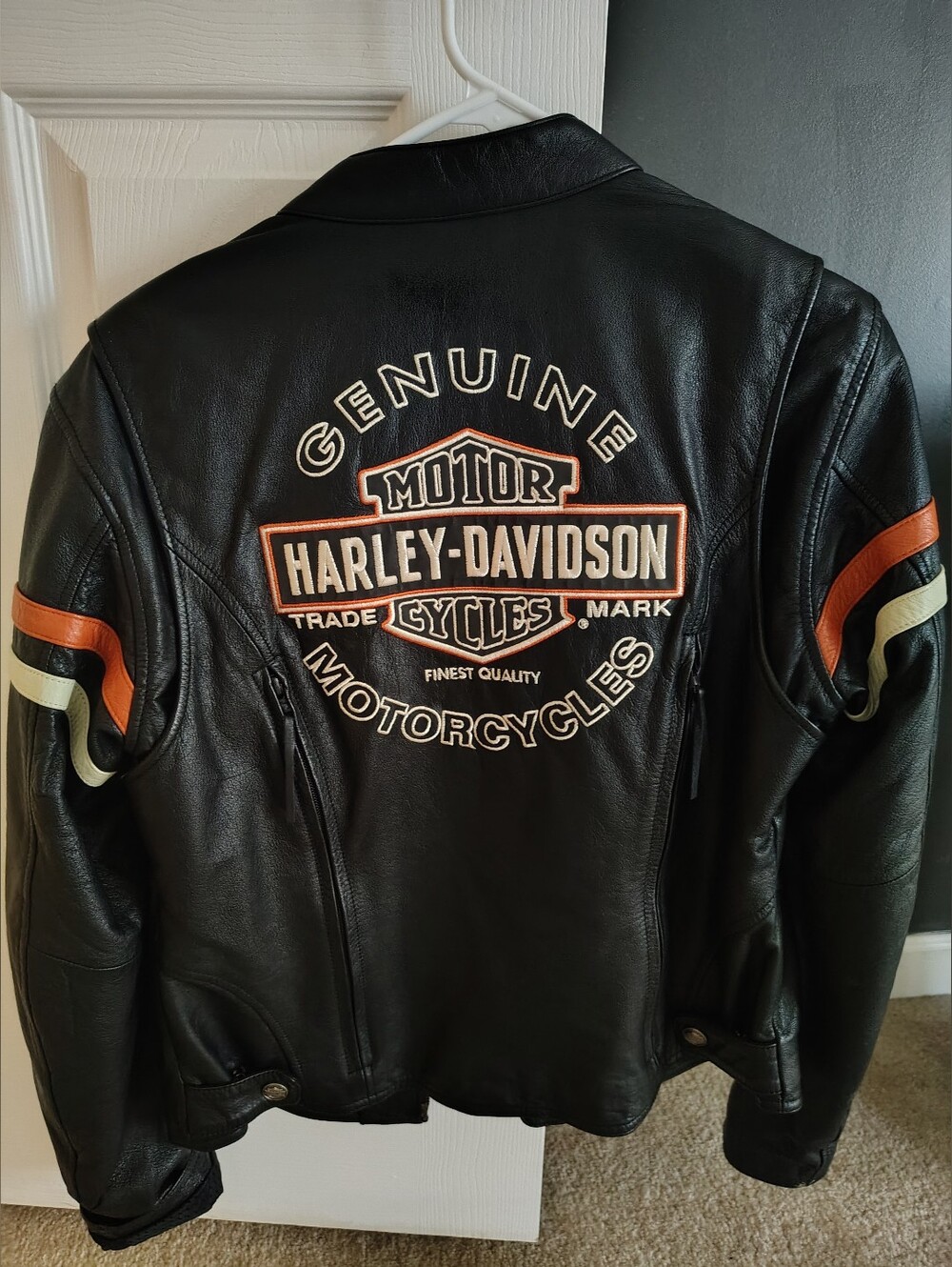 Harley-Davidson Black Leather Jacket with Orange & Cream Accents